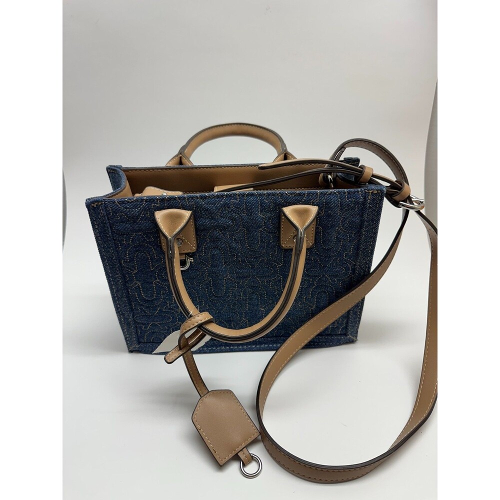 True Religion Mini Denim Tote Bag Crossbody Monogram Tan NWT Shoulder Strap